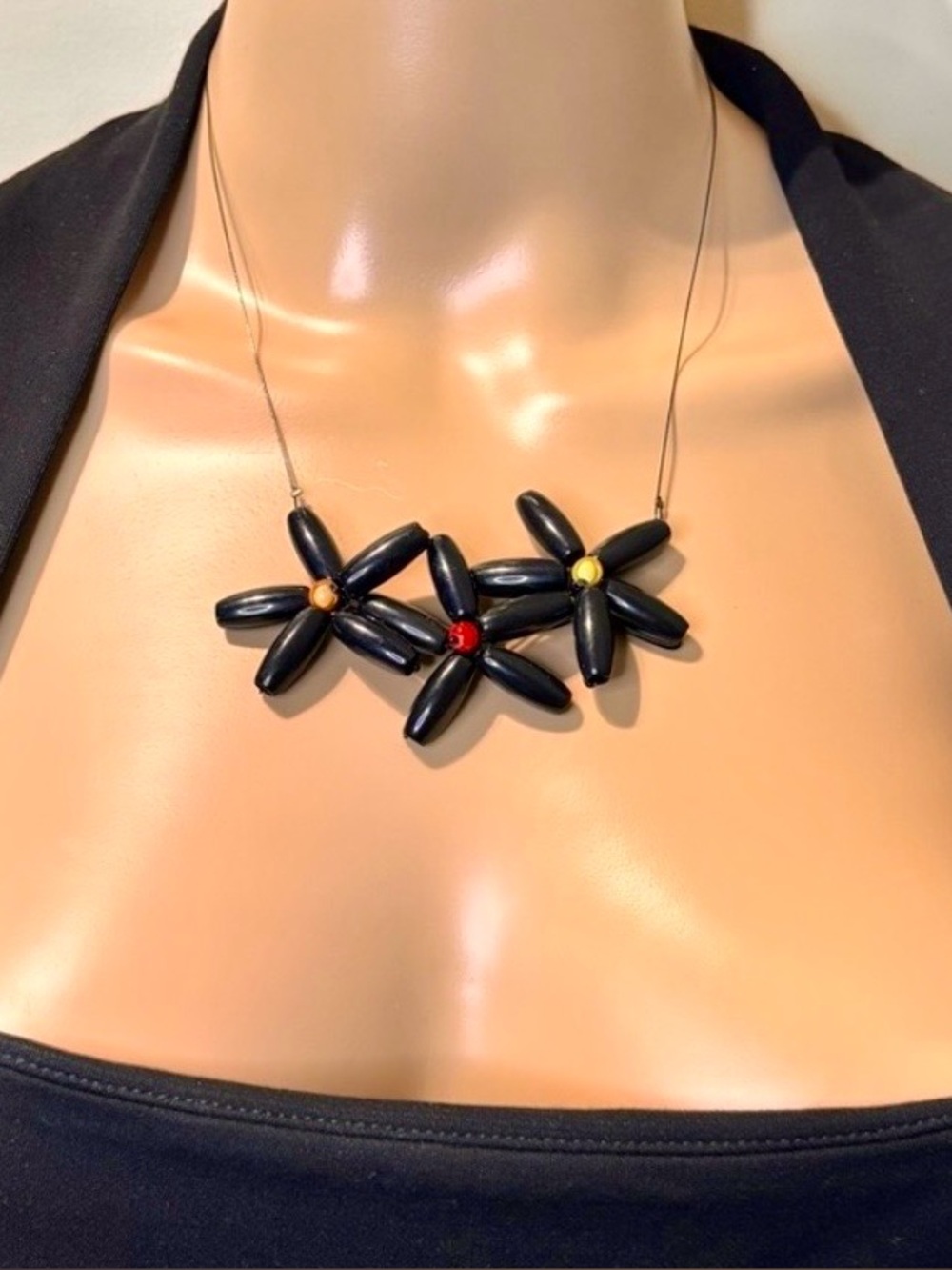 Whimsical Black Flower Beaded Statement Choker Necklace